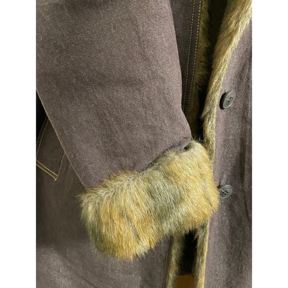 Denim & Co. 90’S Dark Denim & Faux Fur Trim Coat size Medium - Picture 3 of 13